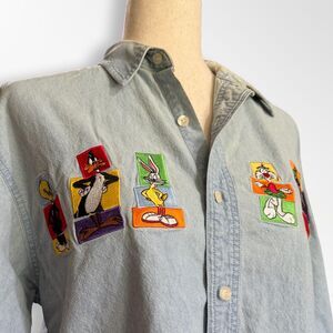 Vintage Warner Bros Looney Tunes Body Swap Denim Button Up Shirt, S Bugs Bunny